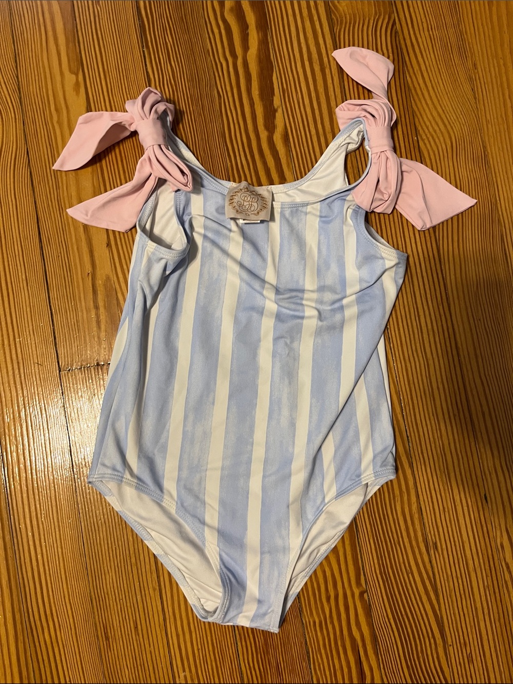Girls Blue & White Stripe One-Piece Swimsuit with Pink Tie Straps